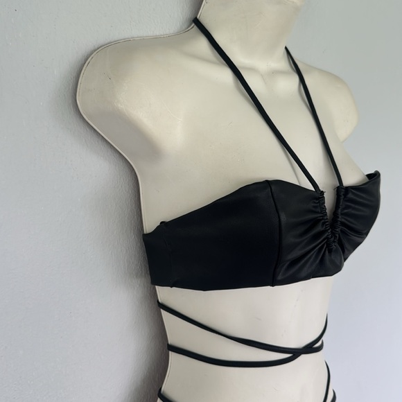 ZARA black leather strappy lace up bandeau v-cut halter crop top size small - Picture 8 of 13